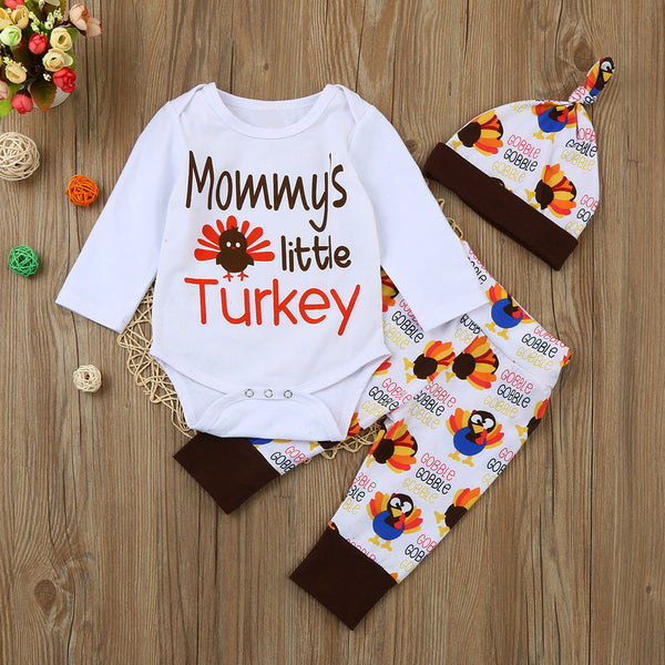 Newborn Infant Baby Girl Boys Letter Romper Long Sleeve Tops+Pants+Hat Thanksgiving Outfits Set Clothing Sets First Thanksgiving