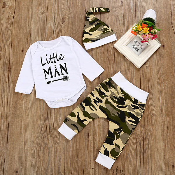 little man letter romper Newborn Kids Baby Boys Outfits Clothes Romper Tops+Camouflage Long Pants+Hat 3 pcs Set drop ship